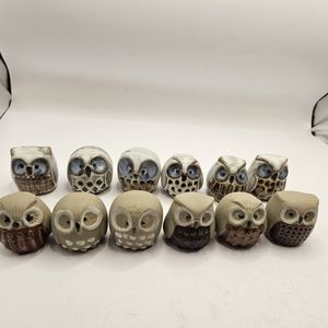 12 Vtg Retro Mini Big Eyed Owls Ceramic & Terra-cotta Glazed Figurines 1.25”. 